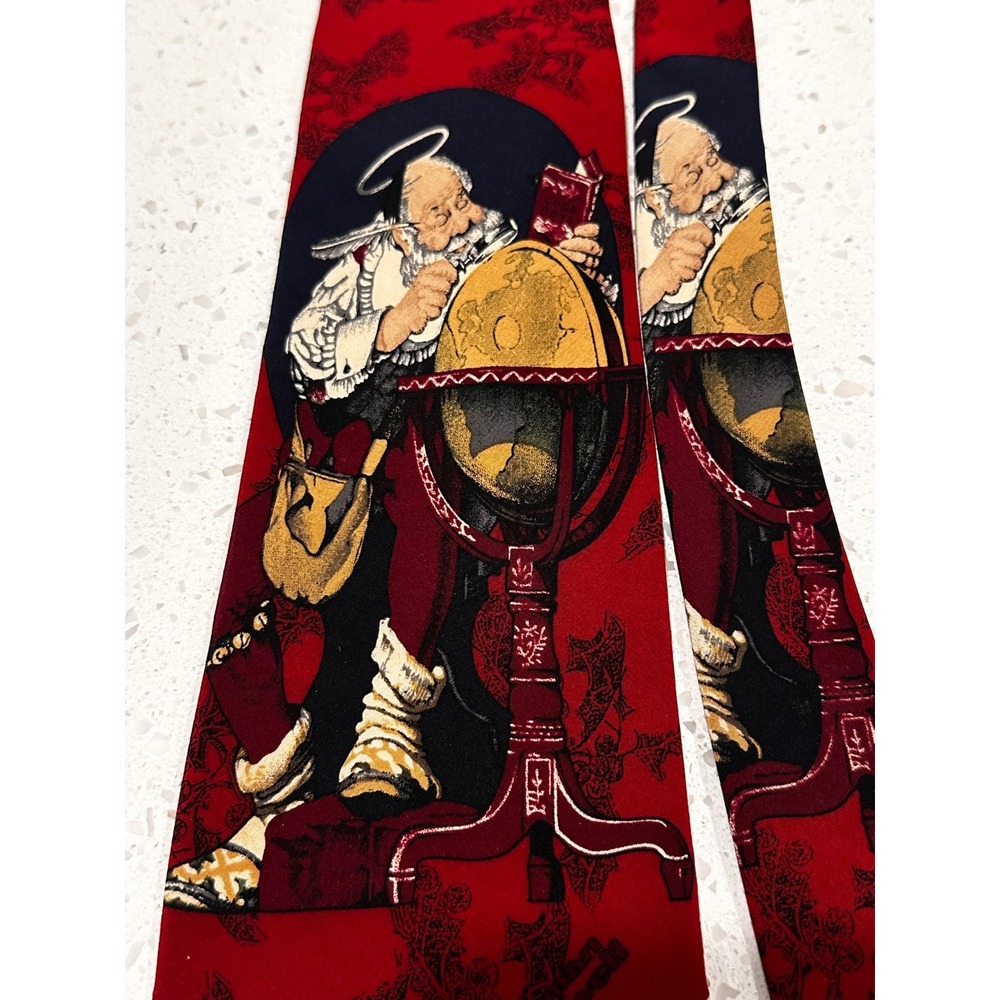 Norman Rockwell Mens Christmas Tie Red Santa Globe Saturday Evening Post 1994